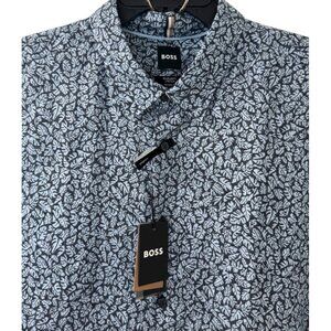 HUGO BOSS Shirt Mens XXL BLUE leaf Pattern REGULAR Fit Stretch Linen Blend NWT